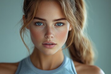 Naklejka premium A beautiful young woman posing for a photo, with striking blue eyes