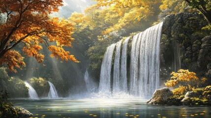 Obraz premium Serene Autumn Waterfall in a Lush Forest