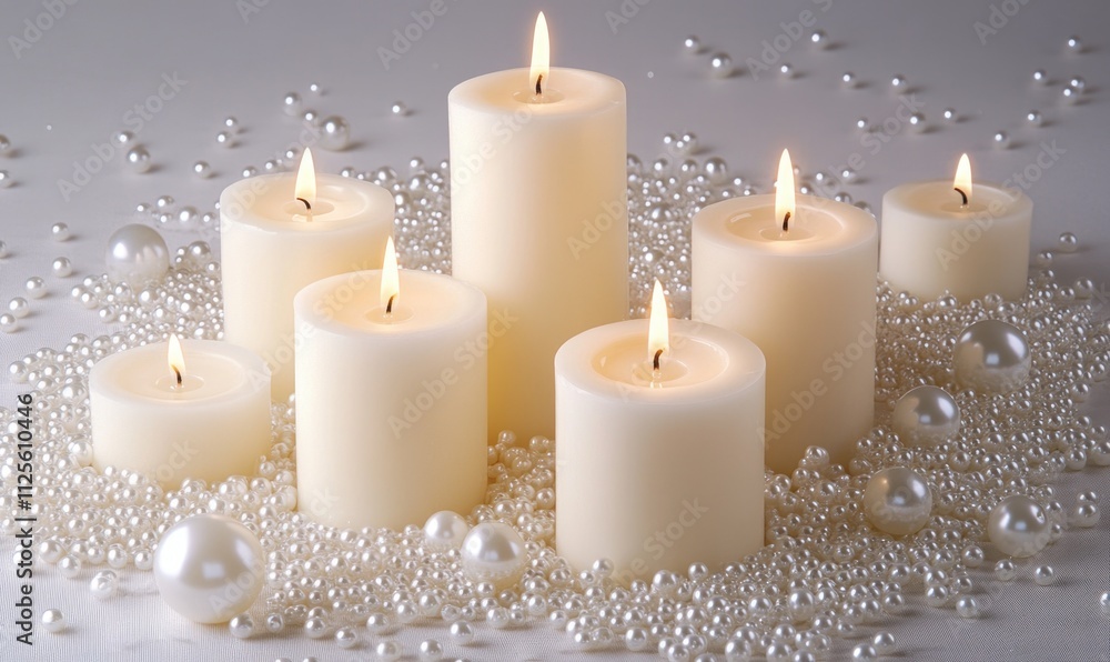 Poster a row of candles are lit and placed on a table