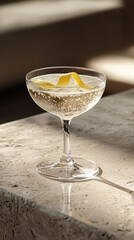 A photo of a Vesper cocktail with a lemon twist on a modern stone bar table and background in a high class city lounge. Vertical layout.