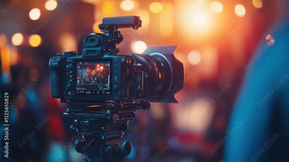 Poster a camera is actively recording an interview in a television studio with blurred background effects, 
