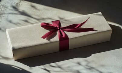 A white box with a red ribbon tied around it