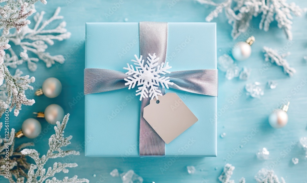 Poster a blue box with a silver ribbon and a snowflake on it