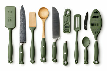 Stylish olive green kitchen utensils and knives arranged on a white background.  Perfect for blogs, magazines, or websites showcasing kitchenware.