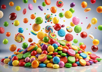 Fototapeta premium Colorful Rainbow Candy Falling Isolated on White Background - Vibrant Sweets, Dessert, Treats, Sugar, Confectionery, Candy Drops, Sweetness, Party Candy, Colorful Delights, Joyful Sweets, Isolated Can