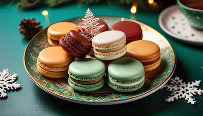 Fototapeta premium Colorful holiday themed macarons arranged on an ornate plate for a festive table setting