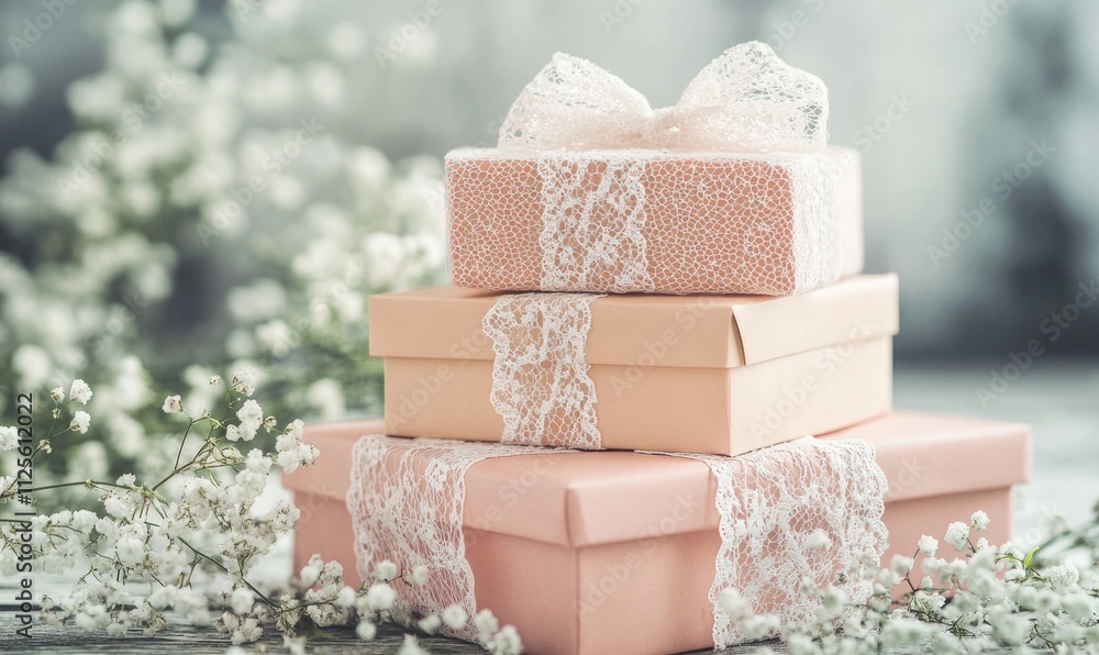 Poster three boxes stacked on top of each other with lace bows on them