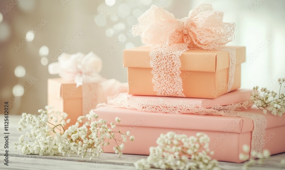Poster a stack of boxes with pink bows on them