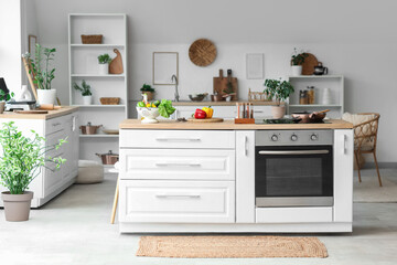 Interior of light kitchen with white counters, shelf unit and plants