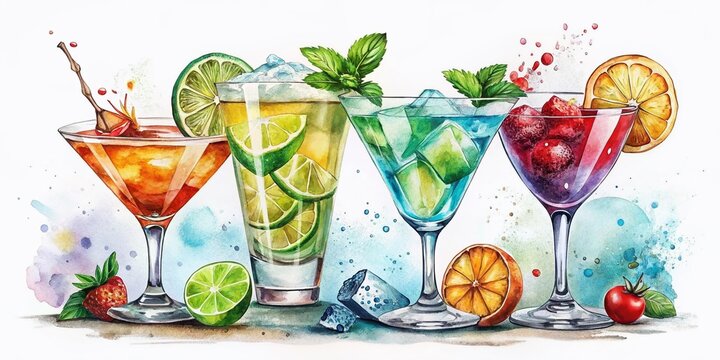Colorful watercolor cocktail set featuring diverse mixology ideas, ideal for bar decor, event planning, menu designs, party invites, and beverage marketing materials. Perfect for any occasion!