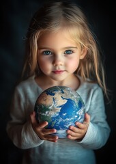 Une enfant tenant la plan&egrave;te Terre dans ses mains, vue en gros plan, arri&egrave;re-plan sombre, concept de protection de l'environnement.