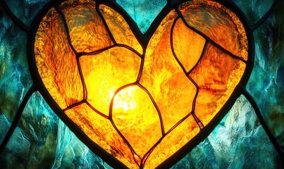 A stained glass heart with a yellow center