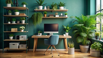 Contemporary home office featuring a chic computer, abundant greenery, and decorative shelving against a striking teal wall—an inspiring blend of style and productivity.