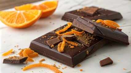 Dark chocolate bars with orange zest on marble background