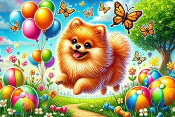 Naklejka premium Cartoon pomeranian dog playing cheerfully in the garden