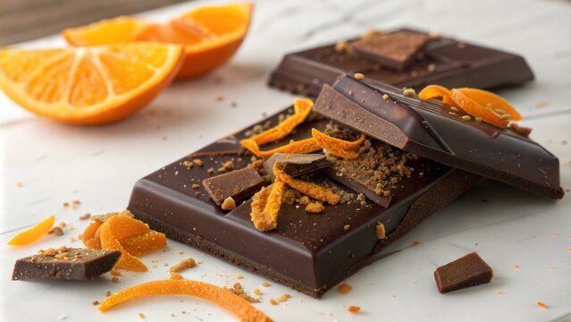 Dark chocolate bars with orange zest on marble background