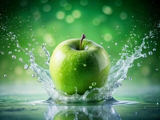 Crisp and juicy green apple with a refreshing splash of water, capturing dynamic energy and vibrant nature vibes for an invigorating sensory experience.