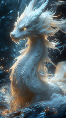 A white dragon made of ice, coiled in the center of an icy lake, with delicate scales and bright eyes, surrounded by shimmering water droplets. The background is dark blue, creating a mysterious 