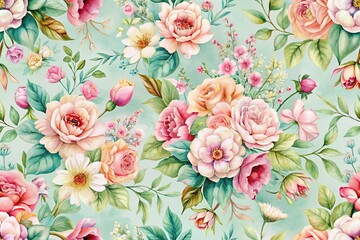 Delicate pastel floral watercolor pattern, evoking elegance and romance. Ideal for fashion photography, textile design, home decor, stationery, and various creative projects. Timeless vintage charm.