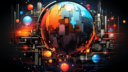 Obraz premium Abstract digital representation of a sphere with vibrant colors and patterns.