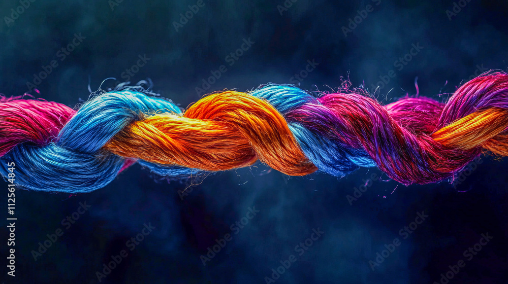 Poster colorful twisted rope on dark background: vibrant fibers and texture