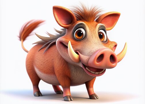 Delightful cartoon warthog in a vintage photography style, 3D rendered and isolated on white. Ideal for kids' art, illustrations, and whimsical design projects.