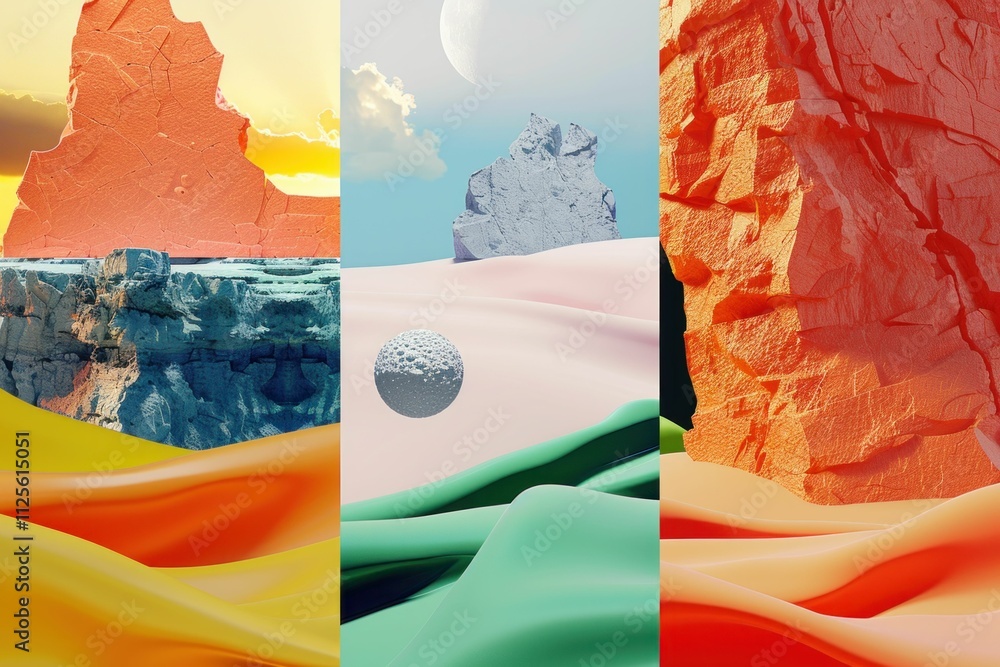Poster abstract landscape featuring surreal rock formations in vibrant colors, with soft flowing textures a