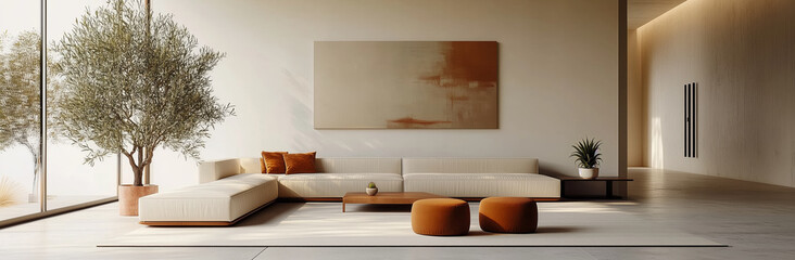 Minimalist interior with modern sofa and olive tree decor
