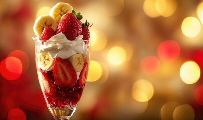 A glass of fruit salad with strawberries, bananas, and whipped cream