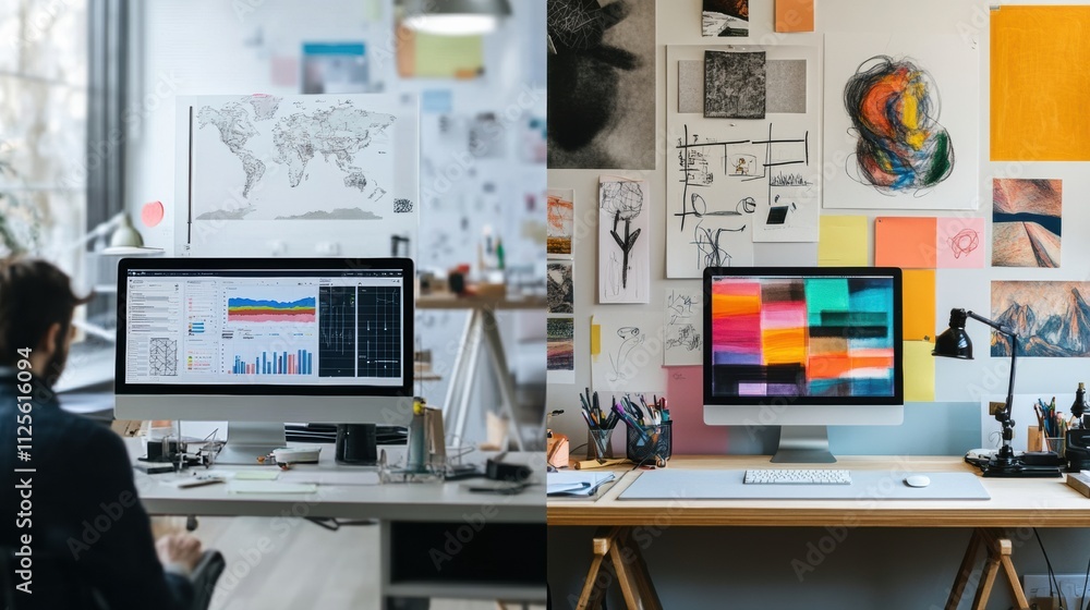 Poster a split-screen showcases a minimalist workspace on one side and an artistic display on the other, ea