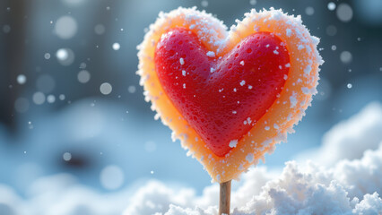 Heart-shaped lollipop in snow.