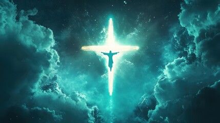 Radiant glowing cross illuminating dramatic clouds in a celestial night sky