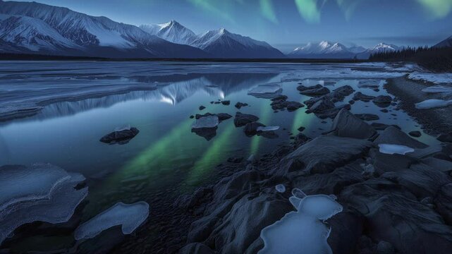 Alaska Katmai National Park Aurora Starry Sky and Mountains Reflected on Water Loop Generative AI