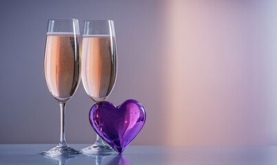 Two glasses of champagne with a heart in between them