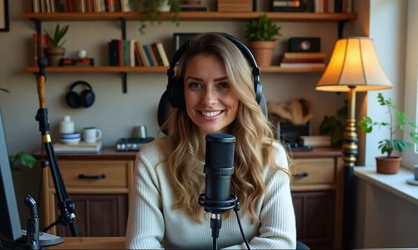 Female podcaster making audio podcast from her home studio
