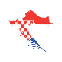 Obraz premium Vector illustration of Croatia map overlaid with the national flag, highlighting the country's geographic outline combined with its national colors.