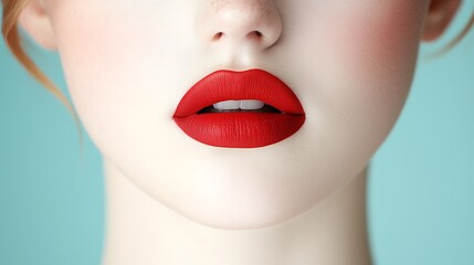 Obraz premium Close-up of a woman's lips with vibrant red lipstick against a soft background.