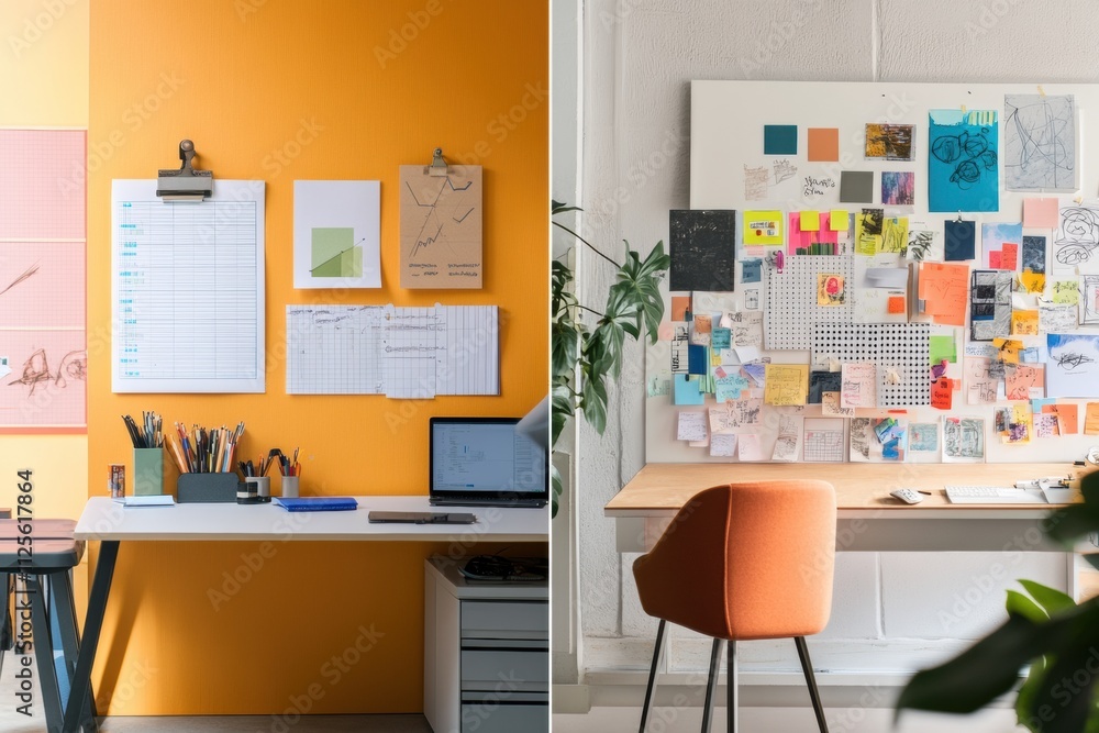 Poster two distinct workspace styles highlight a minimalist setup with organization tools and an artistic d
