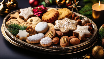 Traditional European cookie platter featuring assorted Christmas treats and marzipan shapes on a festive table