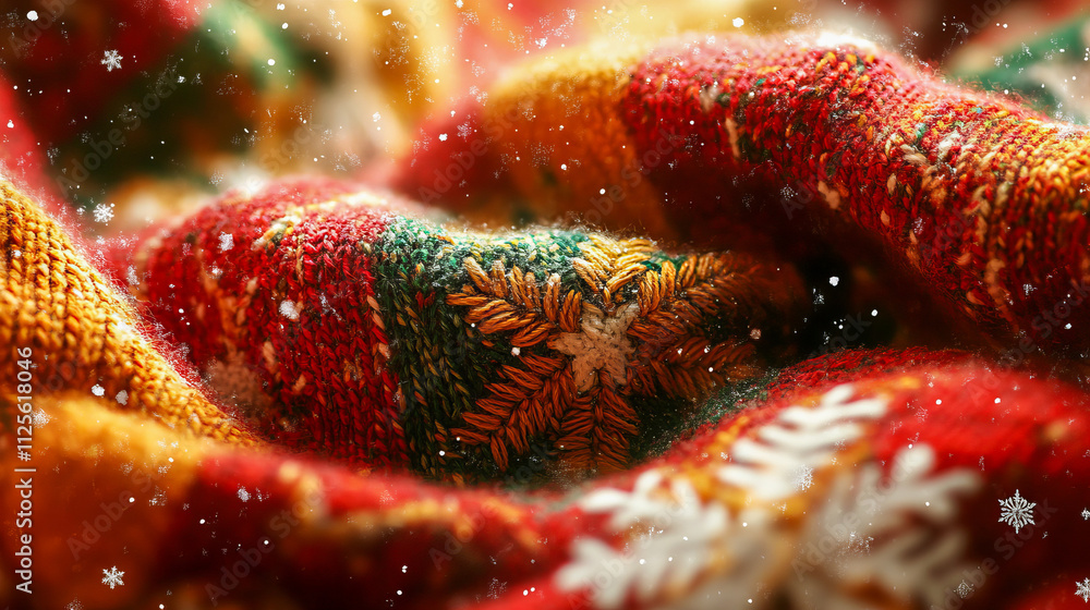 Poster cozy colorful knitted fabric with snowflakes and intricate patterns