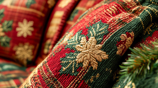 Cozy festive plaid blanket with red and green christmas patterns