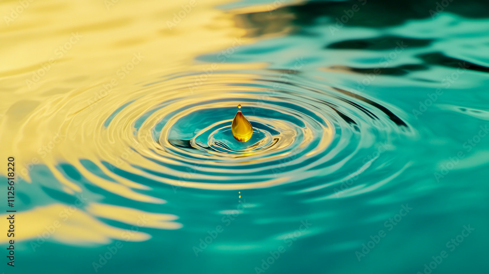 Poster tranquil water surface with golden droplet creating ripples at sunset