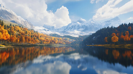 The stunning beauty of the Alps during autumn, with brilliant fall colors and snow-capped mountains in the background, reflecting in clear mountain lakes.