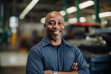 Fototapeta premium Portrait of a middle aged African American car mechanic in workshop