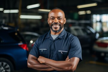 Fototapeta premium Portrait of a middle aged African American car mechanic in workshop