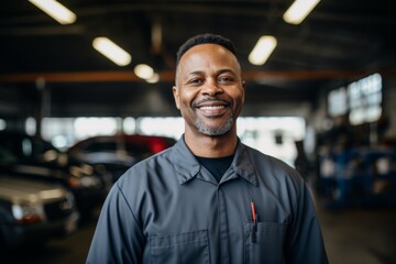 Obraz premium Portrait of a middle aged African American car mechanic in workshop