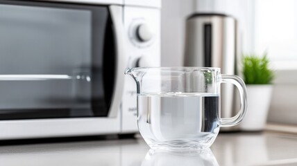 Clear glass measuring cup with water on kitchen counter beside microwave