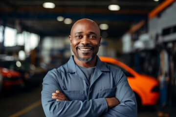 Obraz premium Portrait of a middle aged African American car mechanic in workshop