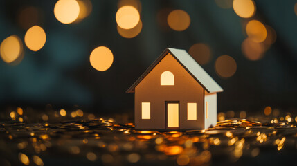 Miniature house at night with golden bokeh background