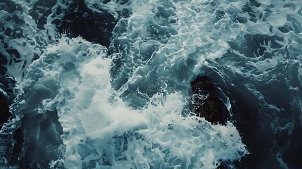 "Majestic Ocean Waves Crashing Against Rugged Rocks, Creating an Abstract Pattern of Dynamic Motion and Natural Beauty in Stunning Coastal Scenery"

